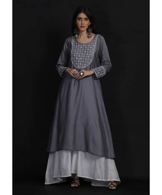 chanderi chikankari Grey a-line pearls work kurti 1