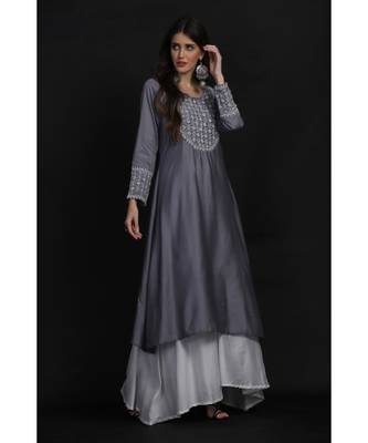 chanderi chikankari Grey a-line pearls work kurti 2