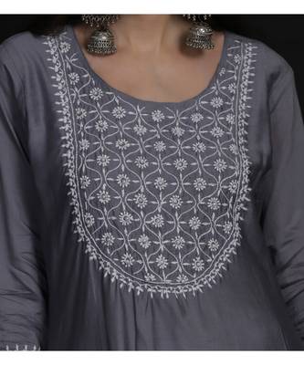 chanderi chikankari Grey a-line pearls work kurti 3