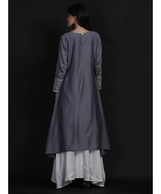 chanderi chikankari Grey a-line pearls work kurti 4