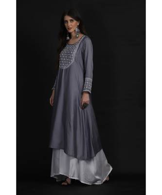 chanderi chikankari Grey a-line pearls work kurti 5
