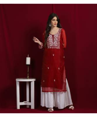 Organza maroon chikankari kurti with white and golden detailing 1