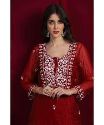 Organza maroon chikankari kurti with white and golden detailing 3