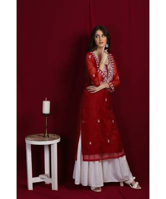 Organza maroon chikankari kurti with white and golden detailing 4