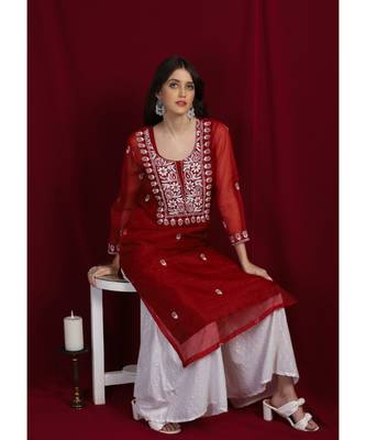 Organza maroon chikankari kurti with white and golden detailing 5