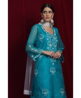 Organza green chikankari kurti with white and golden detailing 3