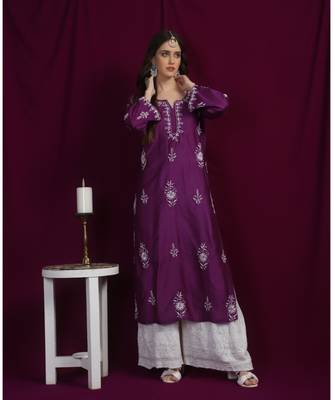 chanderi chikankari mauve colour  kurti 1
