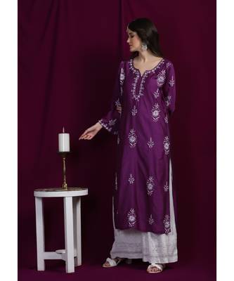 chanderi chikankari mauve colour  kurti 4