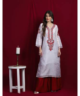 Art silk chikankari kurti with red and black thread work 1