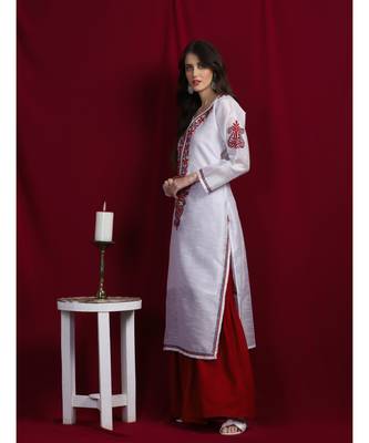 Art silk chikankari kurti with red and black thread work 2
