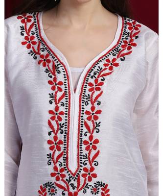 Art silk chikankari kurti with red and black thread work 3