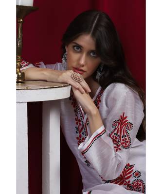 Art silk chikankari kurti with red and black thread work 5