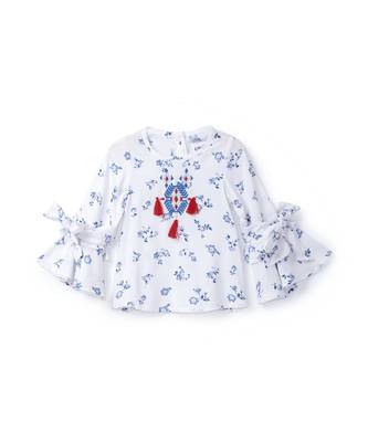 Rayon prtd embro top w/tie up slv 1