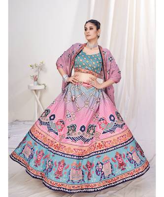 Pink or Grey Digital Printed Banglori Silk Lehenga Choli 1