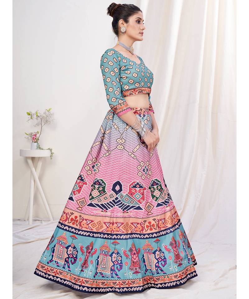 Pink or Grey Digital Printed Banglori Silk Lehenga Choli