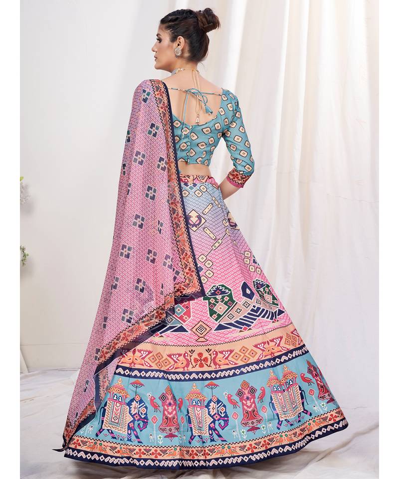 Pink or Grey Digital Printed Banglori Silk Lehenga Choli