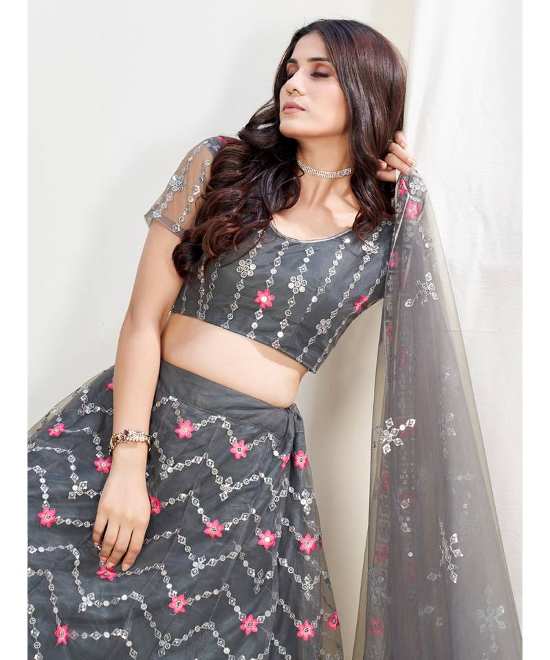 Pewter Grey Ceremonial Special Embroidered Lehenga Choli