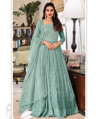 Teal Blue Foil Mirror Work Georgette Anarkali Suit 1