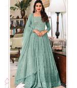Teal Blue Foil Mirror Work Georgette Anarkali Suit