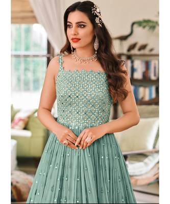 Teal Blue Foil Mirror Work Georgette Anarkali Suit 2