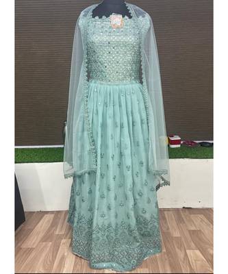Teal Blue Foil Mirror Work Georgette Anarkali Suit 3