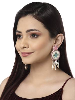 Anekaant White, Pink & Turquoise Blue Eardrop Shaped Handcrafted Drop Earrings 1