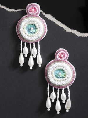 Anekaant White, Pink & Turquoise Blue Eardrop Shaped Handcrafted Drop Earrings 2