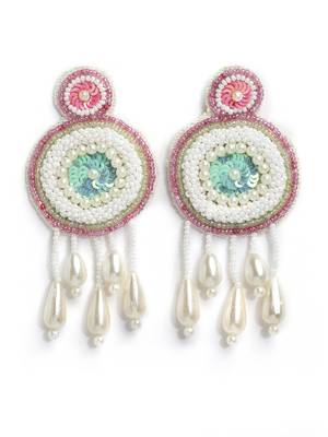 Anekaant White, Pink & Turquoise Blue Eardrop Shaped Handcrafted Drop Earrings 3