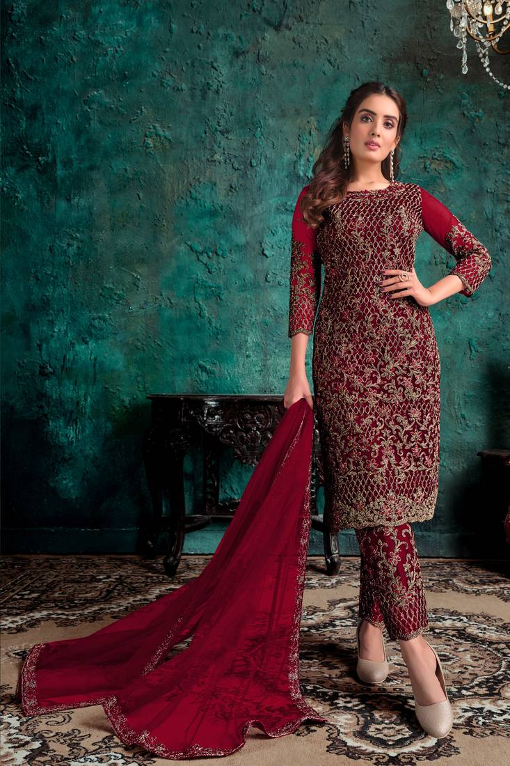 Maroon embroidered net salwar