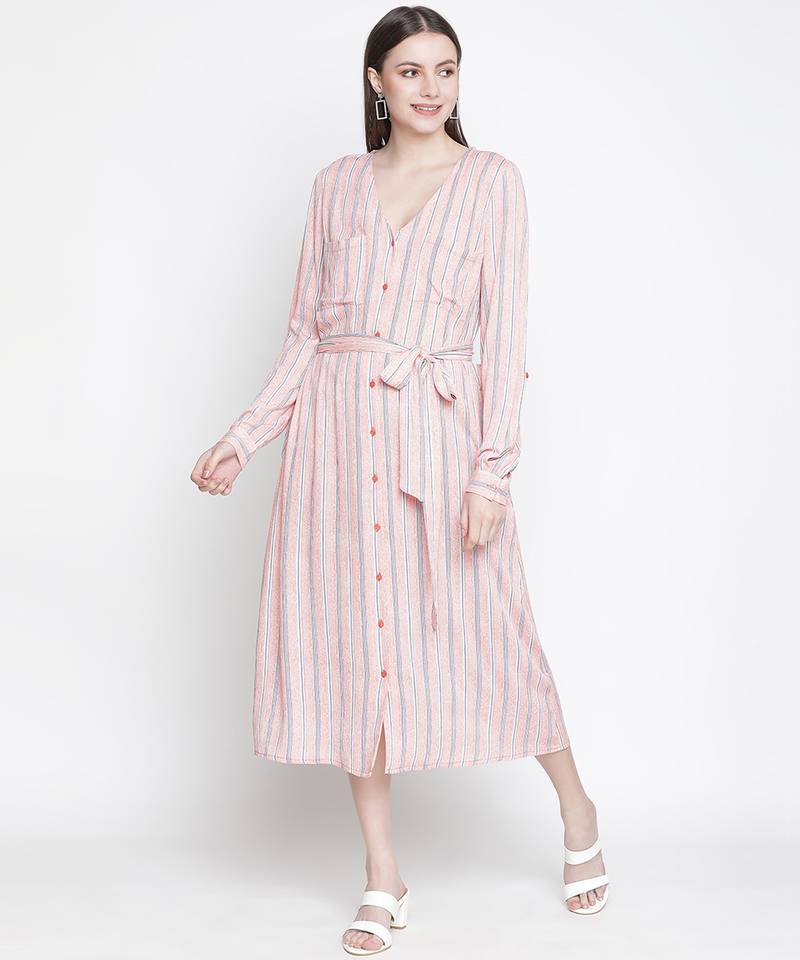 Sweet - natured floral print button-down women dress