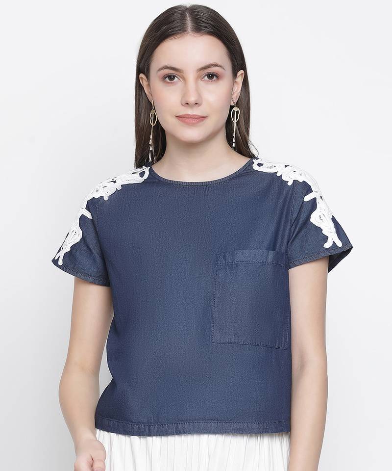 Navy Denim Crop patch lace top