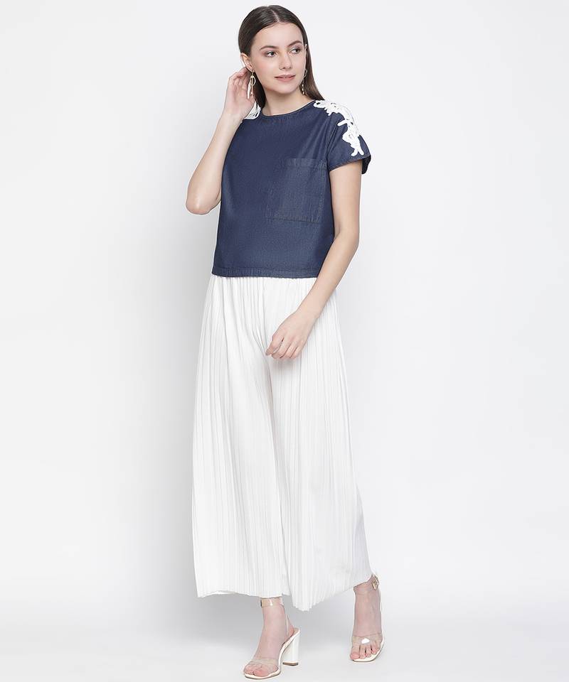 Navy Denim Crop patch lace top