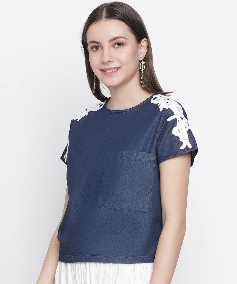 Navy Denim Crop patch lace top