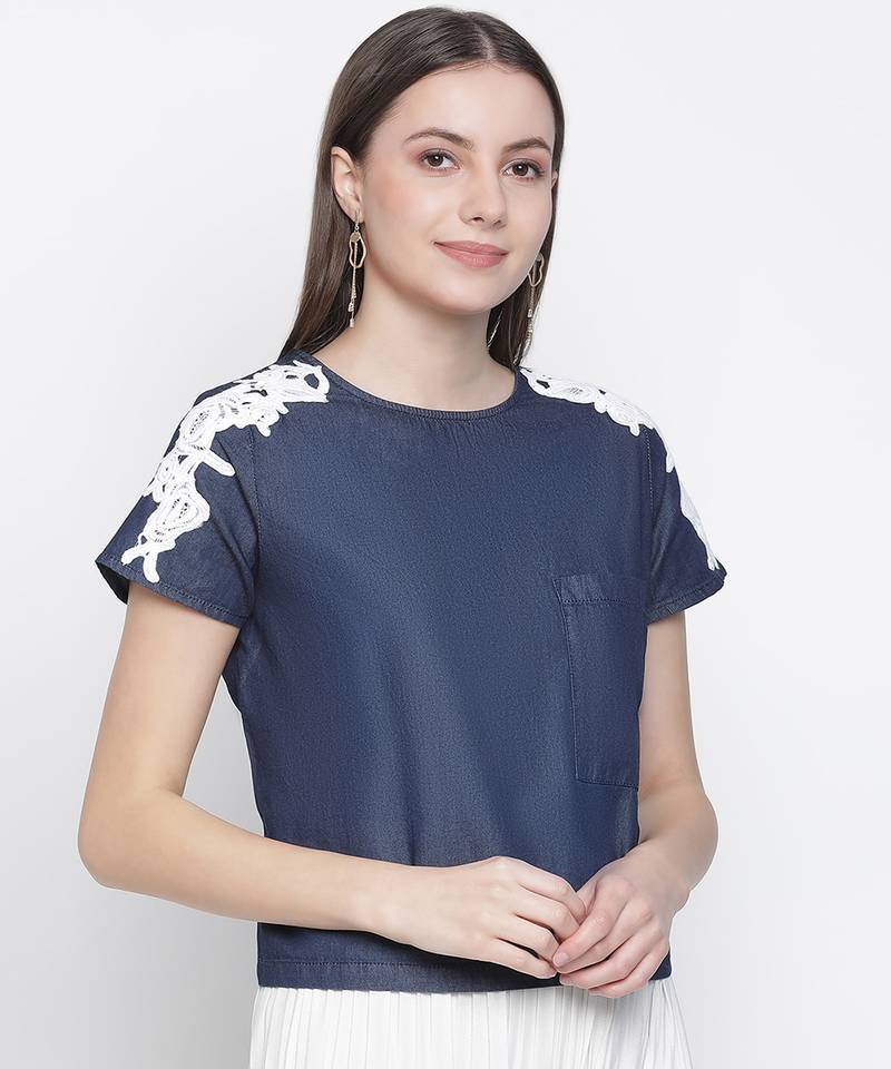 Navy Denim Crop patch lace top