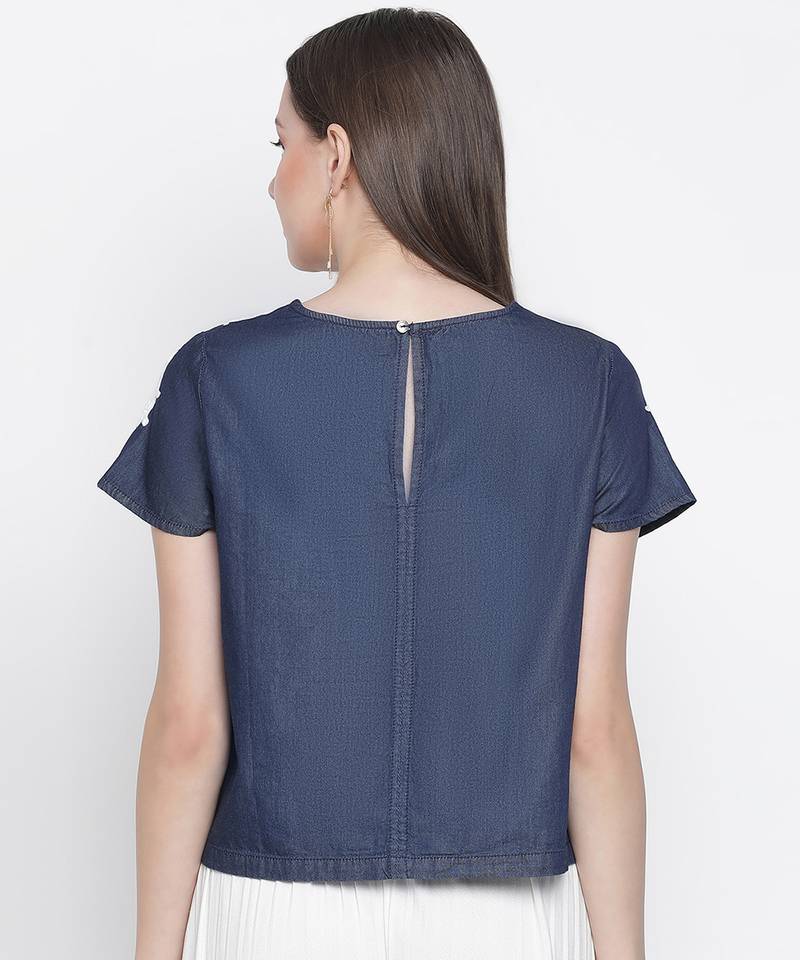 Navy Denim Crop patch lace top