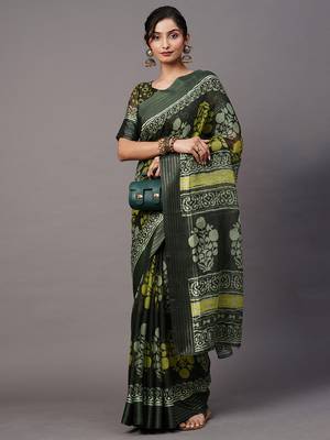 SAREE MALL Women's Brasso Olive Printed Designer Saree With Blouse Piece 1