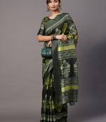 SAREE MALL Women's Brasso Olive Printed Designer Saree With Blouse Piece