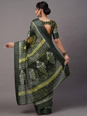 SAREE MALL Women's Brasso Olive Printed Designer Saree With Blouse Piece 2