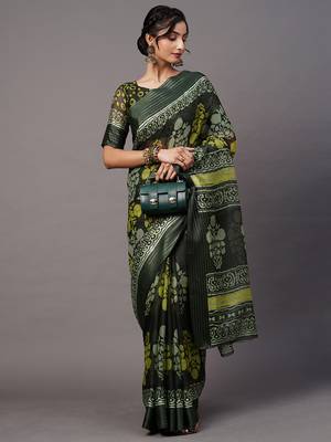 SAREE MALL Women's Brasso Olive Printed Designer Saree With Blouse Piece 3