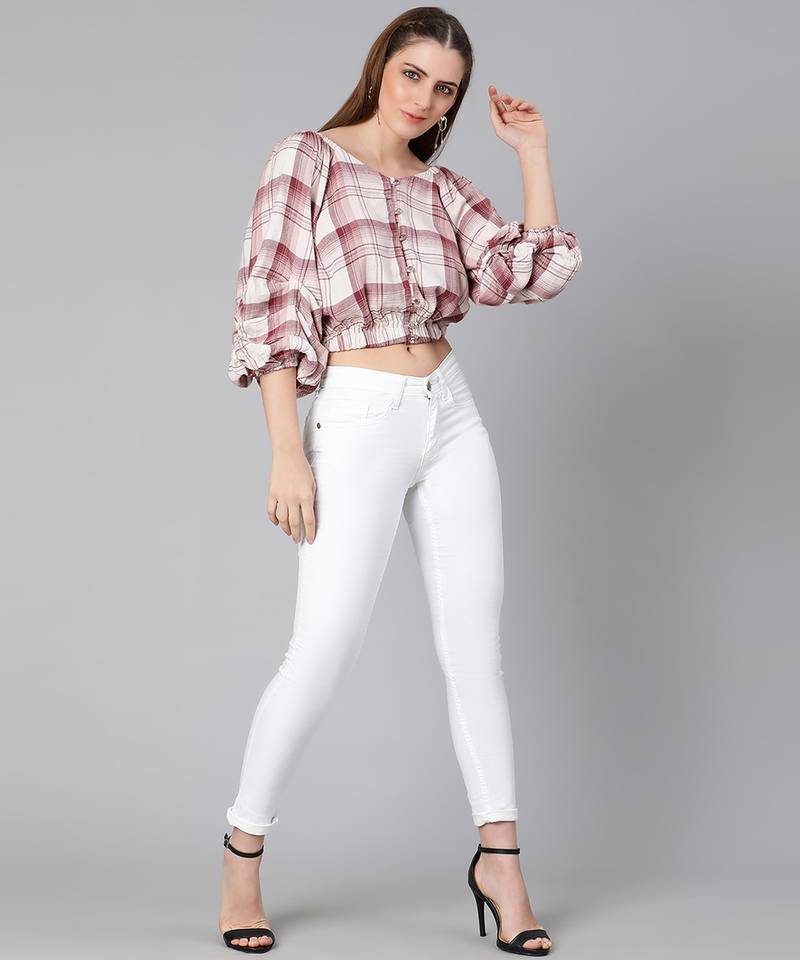 Dora white check print off-shoulder women top