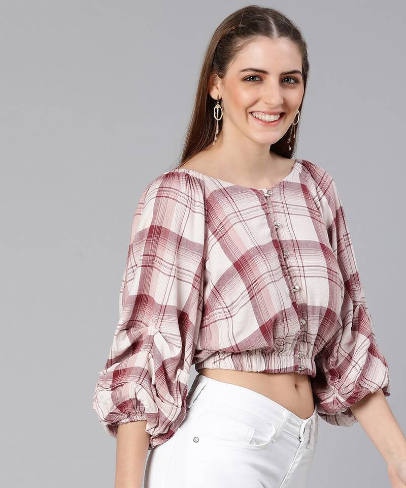 Dora white check print off-shoulder women top