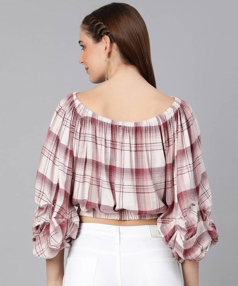 Dora white check print off-shoulder women top