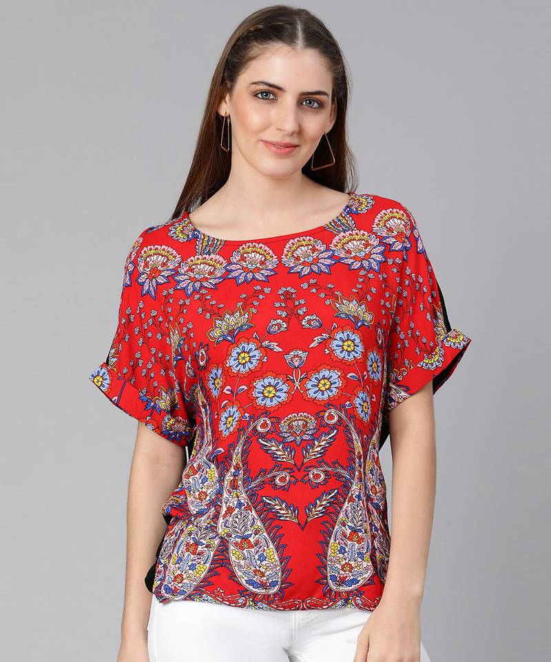 Facil red tropical print regular womne top