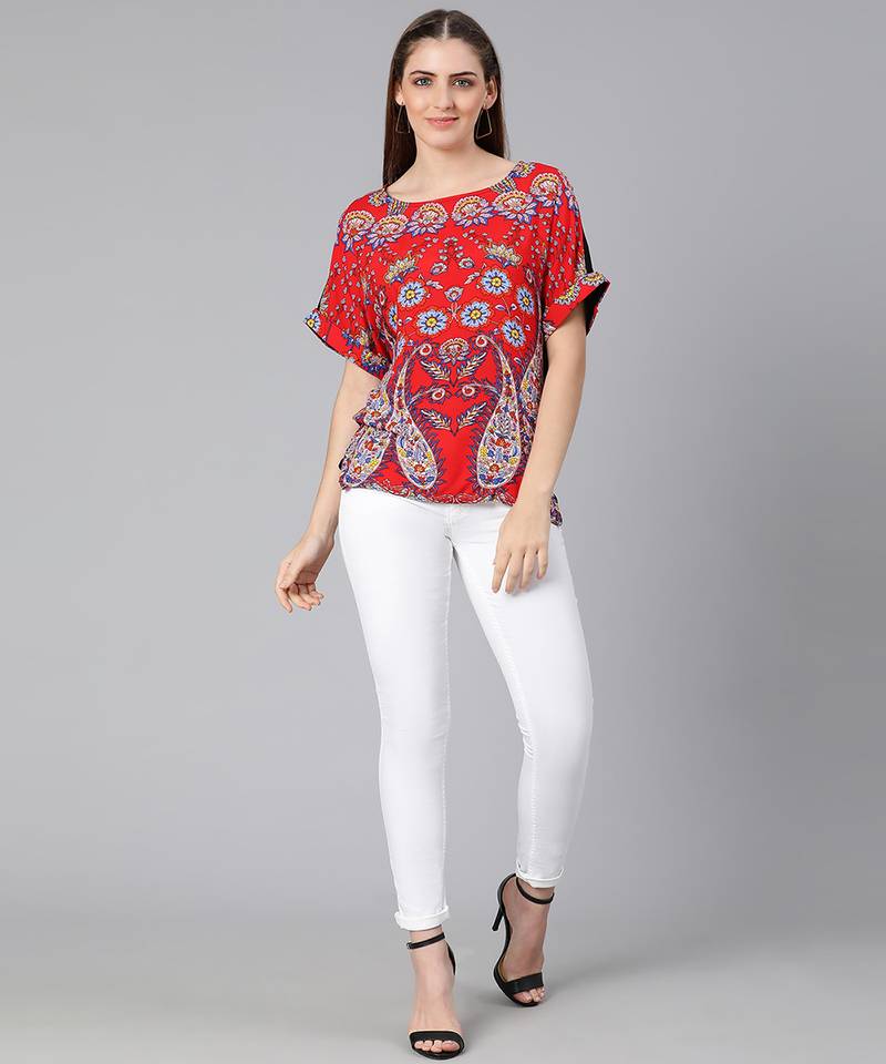Facil red tropical print regular womne top