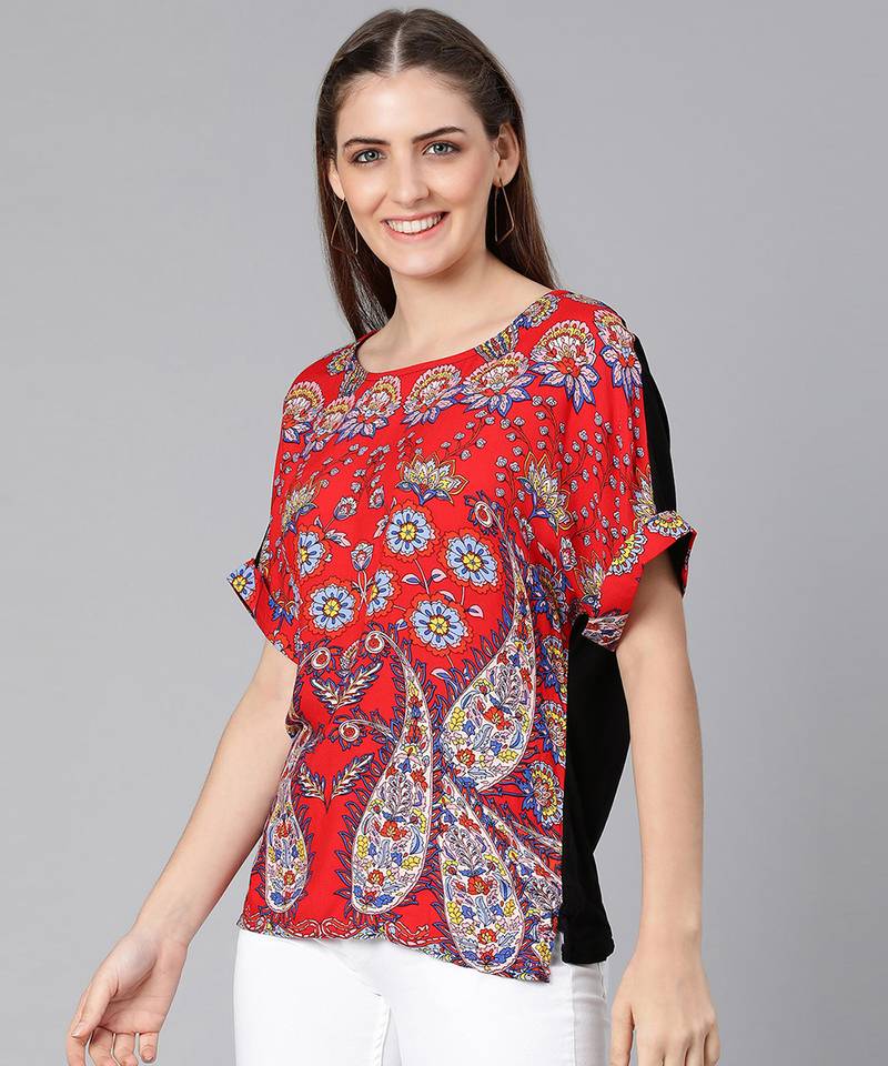 Facil red tropical print regular womne top