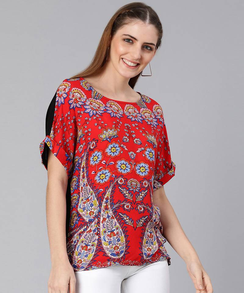 Facil red tropical print regular womne top