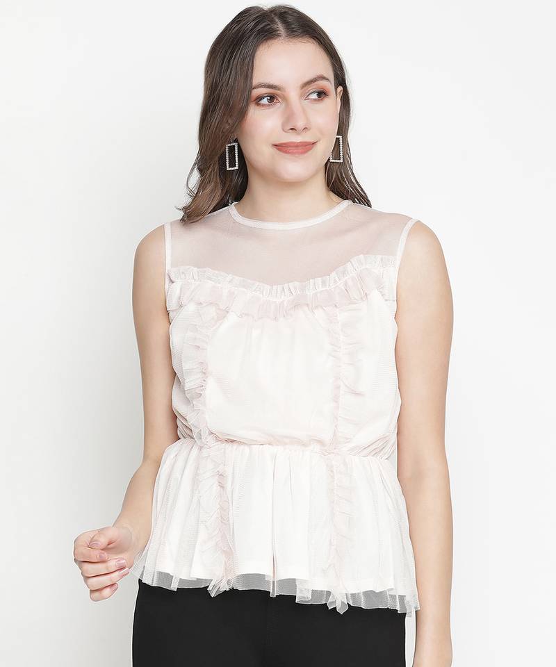 Christine Ecru ruffled Net Lined women top
