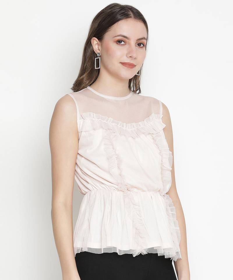 Christine Ecru ruffled Net Lined women top