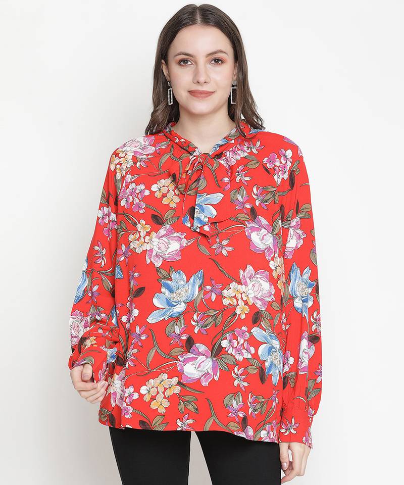 Sassy red floral motif women oversized top