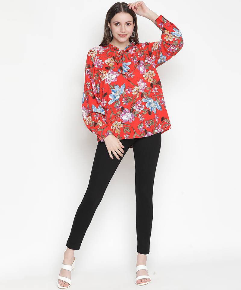 Sassy red floral motif women oversized top